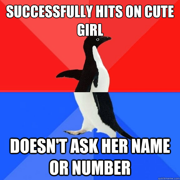 successfully hits on cute girl doesn't ask her name or number  Socially Awksome Penguin