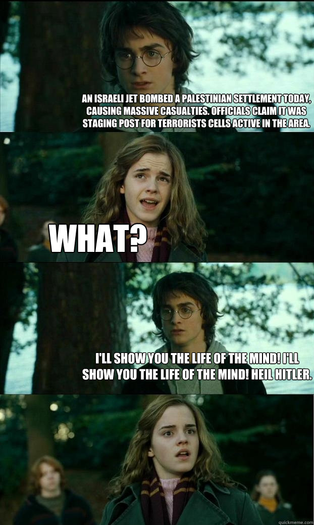 An israeli jet bombed a palestinian settlement today, causing massive casualties. Officials claim it was staging post for terrorists cells active in the area. what? I'll Show you the life of the mind! I'll show you the life of the mind! Heil hitler.  Horny Harry