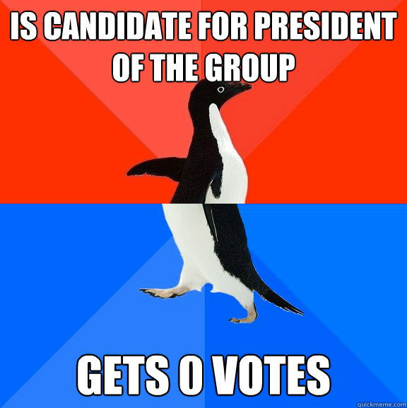 is candidate for president of the group  gets 0 votes  Socially Awesome Awkward Penguin