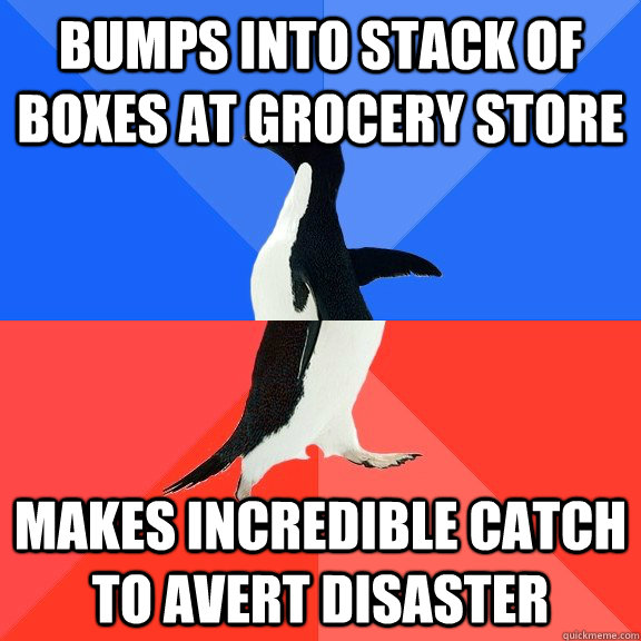 Bumps into stack of boxes at grocery store Makes incredible catch to avert disaster  Socially Awkward Awesome Penguin