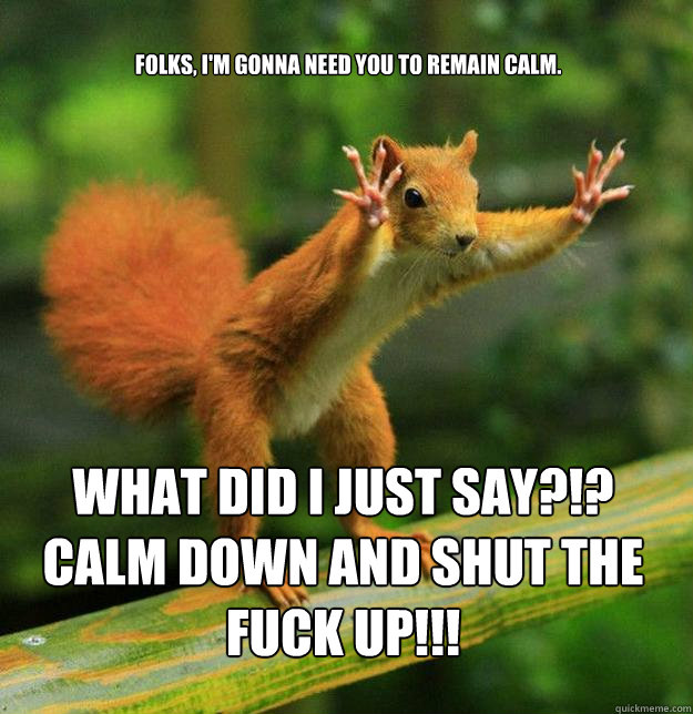 Folks, I'm gonna need you to remain calm. WHAt did i just say?!? calm down and shut the fuck up!!! - Folks, I'm gonna need you to remain calm. WHAt did i just say?!? calm down and shut the fuck up!!!  Re-Escalating Squirrel