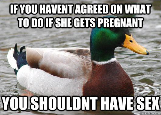 if you havent agreed on what to do if she gets pregnant you shouldnt have sex  Actual Advice Mallard