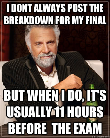 i dont always post the breakdown for my final But when I do, it's usually 11 hours before  the exam  The Most Interesting Man In The World