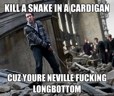kill a snake in a cardigan  cuz you´re neville fucking longbottom - kill a snake in a cardigan  cuz you´re neville fucking longbottom  Neville owns