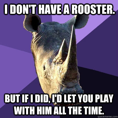 I don't have a rooster. But if I did, I'd let you play with him all the time.  Sexually Oblivious Rhino