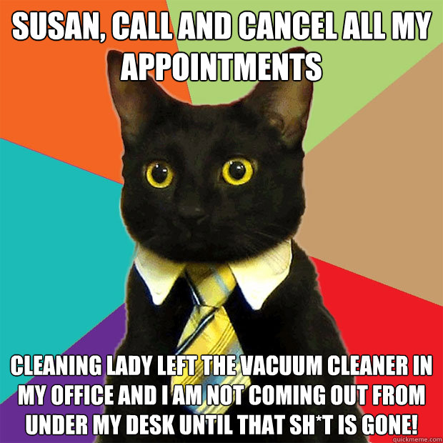 Susan, call and cancel all my appointments cleaning lady left the vacuum cleaner in my office and I am not coming out from under my desk until that sh*t is gone! - Susan, call and cancel all my appointments cleaning lady left the vacuum cleaner in my office and I am not coming out from under my desk until that sh*t is gone!  Business Cat