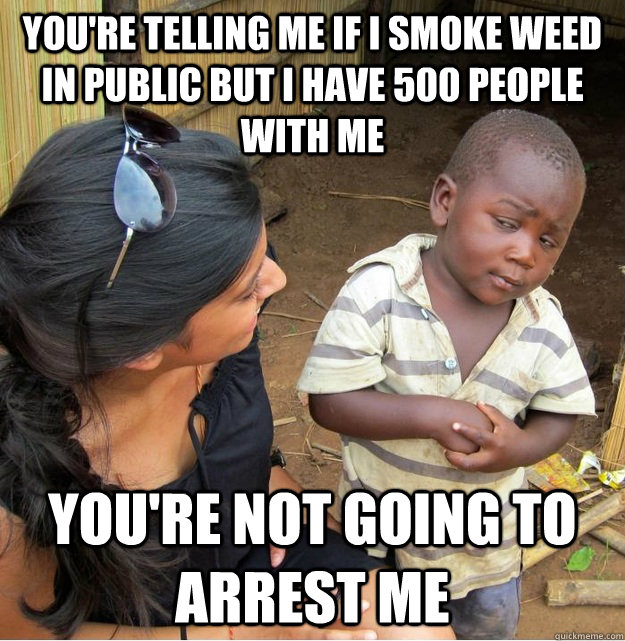 You're telling me if i smoke weed in public but i have 500 people with me you're not going to arrest me  Skeptical Third World Kid