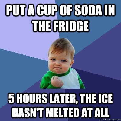 Put a cup of soda in the fridge 5 hours later, the ice hasn't melted at all  Success Kid