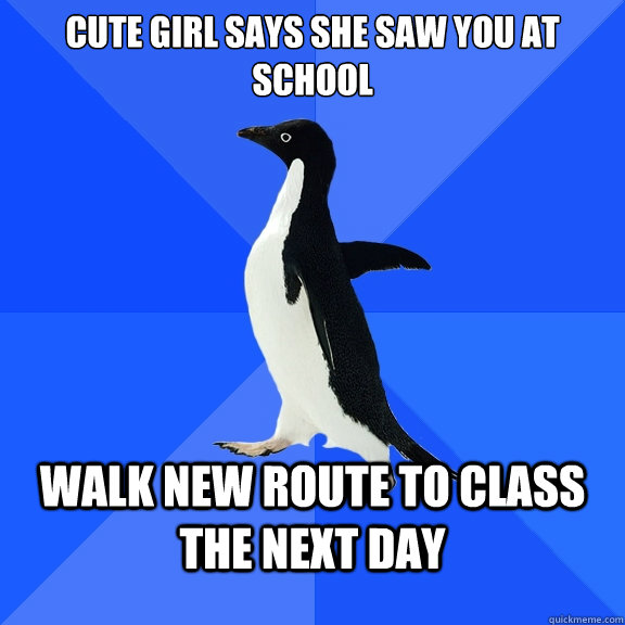 Cute girl says she saw you at school Walk new route to class the next day  Socially Awkward Penguin