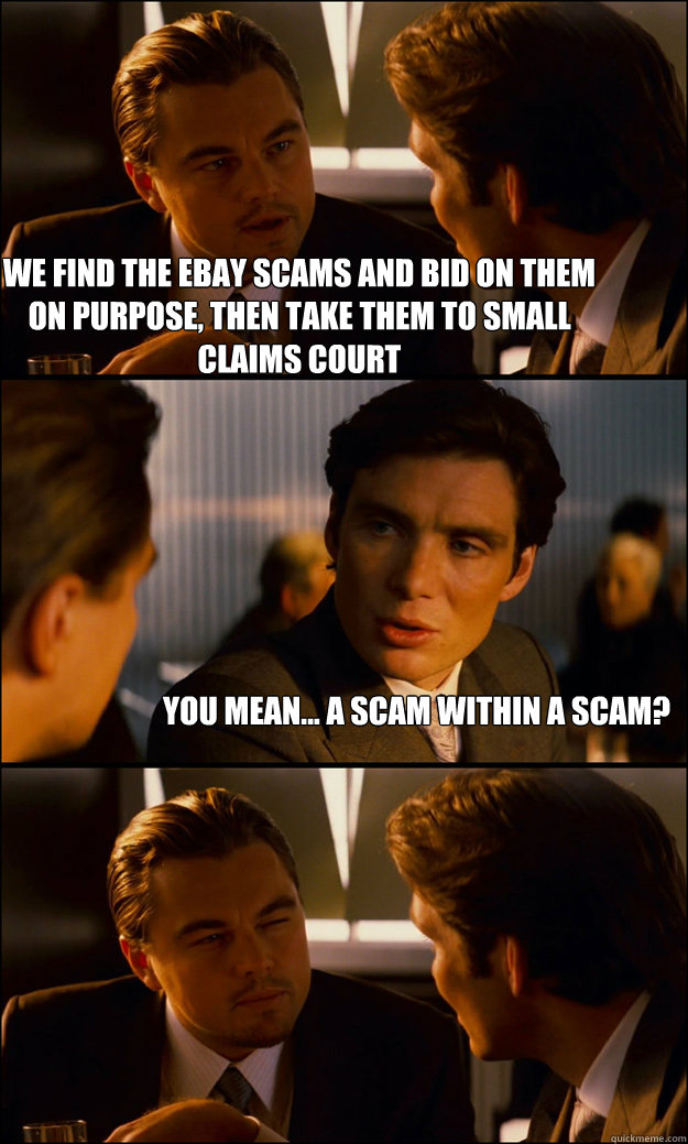 We find the ebay scams and bid on them on purpose, then take them to Small Claims court You mean... a scam within a scam? - We find the ebay scams and bid on them on purpose, then take them to Small Claims court You mean... a scam within a scam?  Inception
