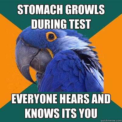 stomach growls during test everyone hears and knows its you  Paranoid Parrot