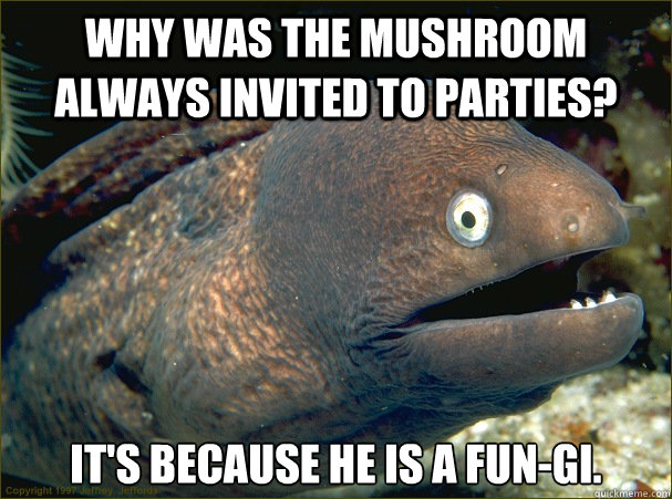 Why was the mushroom always invited to parties? It's because he is a Fun-gi.  - Why was the mushroom always invited to parties? It's because he is a Fun-gi.   Bad Joke Eel