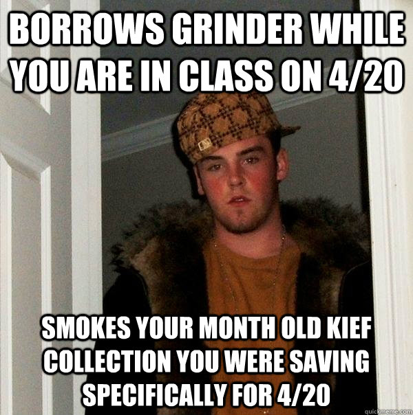 borrows grinder while you are in class on 4/20 smokes your month old kief collection you were saving  specifically for 4/20  Scumbag Steve