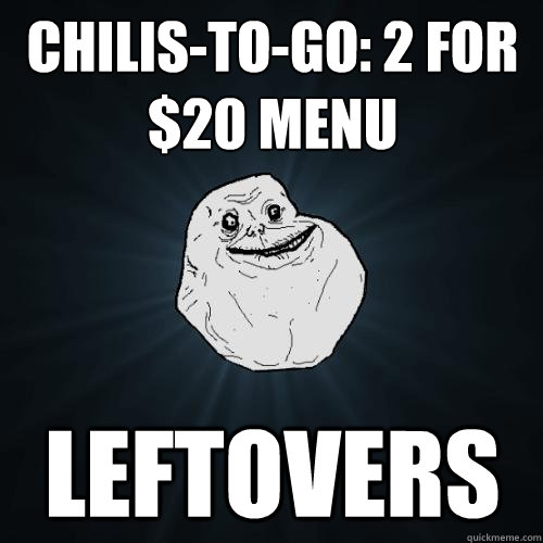 chilis-to-go: 2 for $20 menu leftovers  Forever Alone