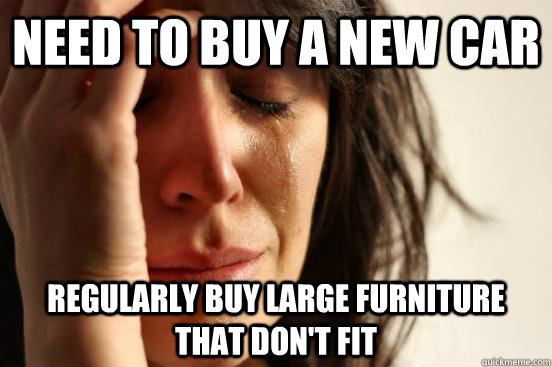 Need to buy a new car Regularly buy large furniture that don't fit  First World Problems