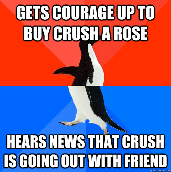Gets courage up to buy crush a rose  hears news that crush is going out with friend  Socially Awesome Awkward Penguin