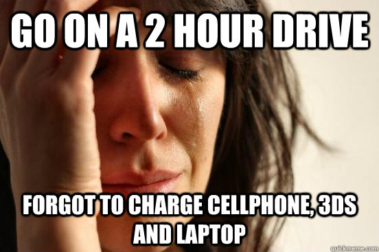 go on a 2 hour drive forgot to charge cellphone, 3ds and laptop  First World Problems