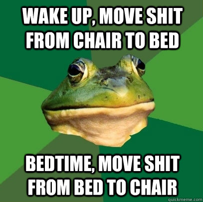 wake up, move shit from chair to bed bedtime, move shit from bed to chair - wake up, move shit from chair to bed bedtime, move shit from bed to chair  Foul Bachelor Frog