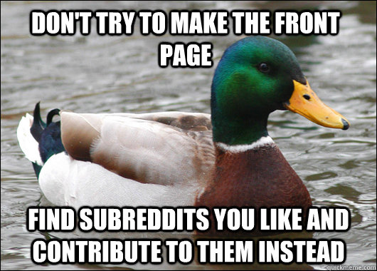Don't try to make the front page Find subreddits you like and contribute to them instead  Actual Advice Mallard