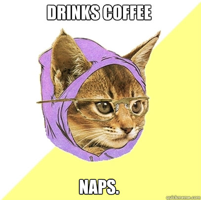 Drinks Coffee Naps.  Hipster Kitty