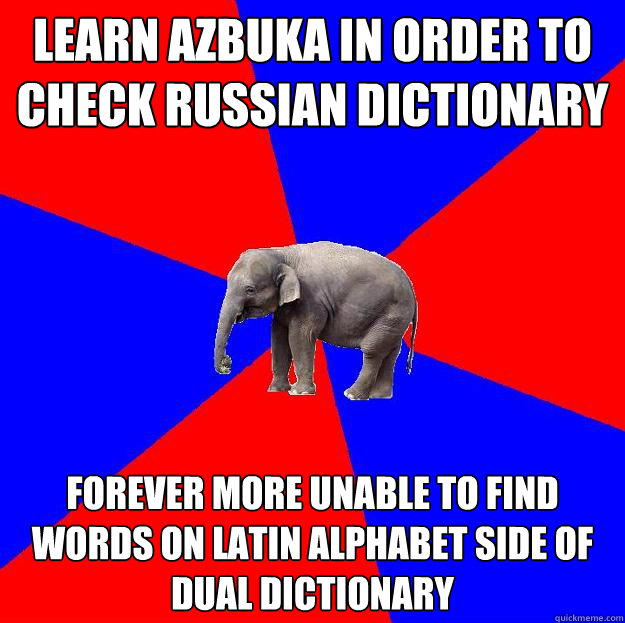 learn azbuka in order to check Russian dictionary forever more unable to find words on latin alphabet side of dual dictionary  