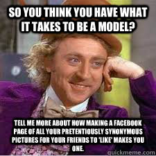 so you think you have what it takes to be a model? Tell me more about how making a Facebook page of all your pretentiously synonymous pictures for your friends to 'like' makes you one.   WILLY WONKA SARCASM