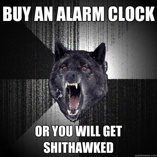 buy an alarm clock or you will get shithawked  Insanity Wolf