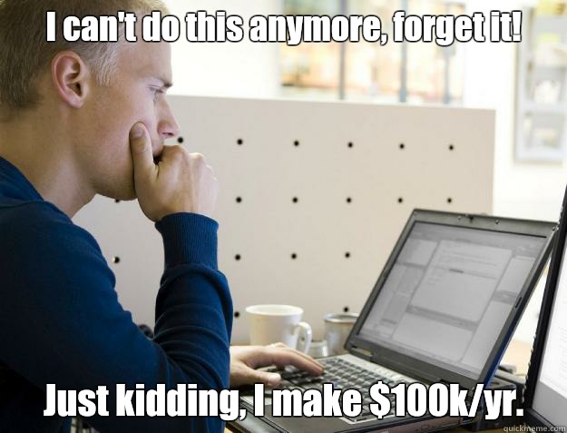 I can't do this anymore, forget it! Just kidding, I make $100k/yr.  Programmer