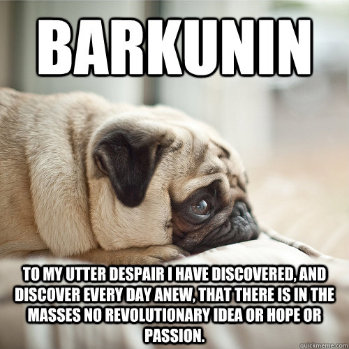 Barkunin To my utter despair I have discovered, and discover every day anew, that there is in the masses no revolutionary idea or hope or passion.  - Barkunin To my utter despair I have discovered, and discover every day anew, that there is in the masses no revolutionary idea or hope or passion.   Sad Skyrim Puppy