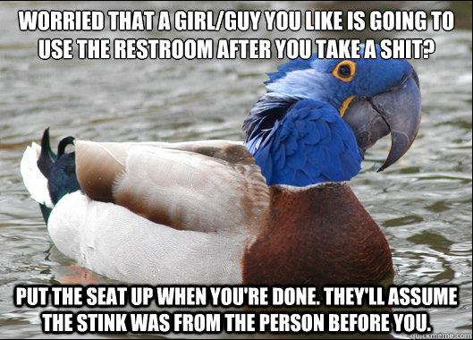 Worried that a girl/guy you like is going to use the restroom after you take a shit? Put the seat up when you're done. They'll assume the stink was from the person before you. - Worried that a girl/guy you like is going to use the restroom after you take a shit? Put the seat up when you're done. They'll assume the stink was from the person before you.  Actual Advice Paranoid Mallard