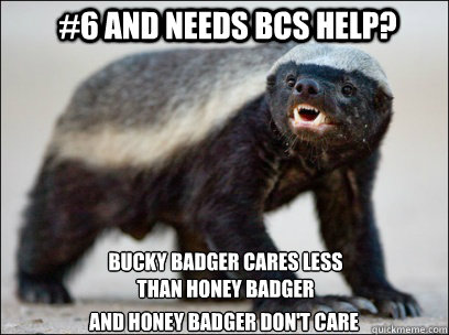 #6 and needs BCS help? Bucky Badger cares less
than honey badger And Honey Badger Don't Care - #6 and needs BCS help? Bucky Badger cares less
than honey badger And Honey Badger Don't Care  Honey Badger