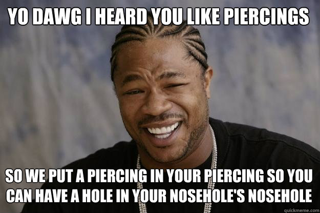 Yo dawg i heard you like piercings so we put a piercing in your piercing so you can have a hole in your nosehole's nosehole  Xzibit meme