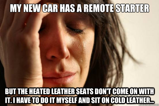 My new car has a remote starter but the heated leather seats don't come on with it. I have to do it myself and sit on cold leather...  First World Problems