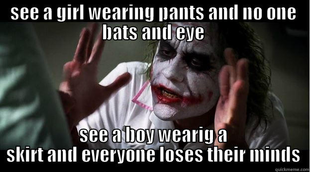SEE A GIRL WEARING PANTS AND NO ONE BATS AND EYE SEE A BOY WEARIG A SKIRT AND EVERYONE LOSES THEIR MINDS Joker Mind Loss