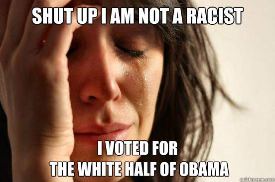 shut up i am not a racist i voted for
 the white half of obama  First World Problems