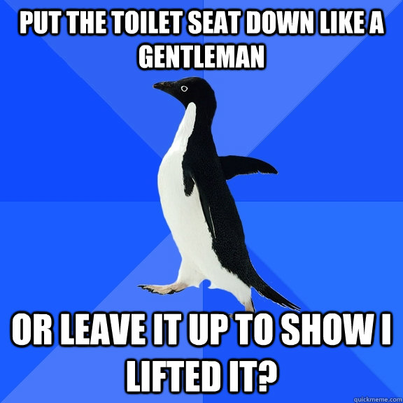 Put the toilet seat down like a gentleman Or leave it up to show I lifted it?  Socially Awkward Penguin
