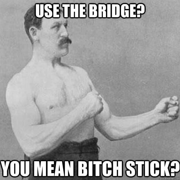 Use the bridge? You mean bitch stick?  overly manly man