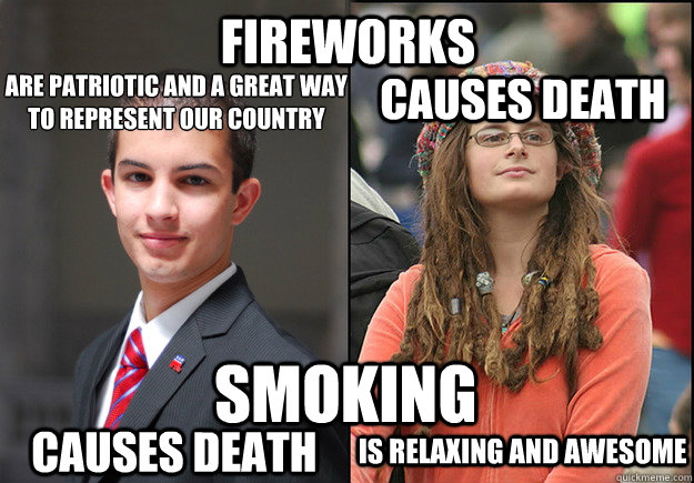 Are patriotic and a great way to represent our country cAUSES DEATH Fireworks Causes death Is relaxing and awesome  smoking   College Liberal Vs College Conservative