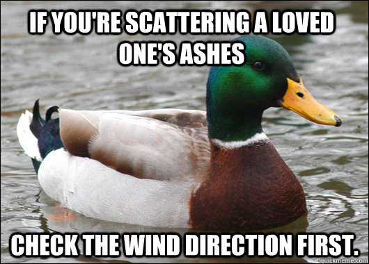 If you're scattering a loved one's ashes Check the wind direction first.  Actual Advice Mallard