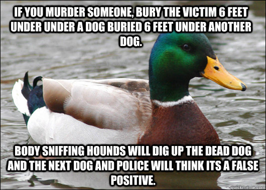 If you murder someone, bury the victim 6 feet under under a dog buried 6 feet under another dog. Body sniffing hounds will dig up the dead dog and the next dog and police will think its a false positive.  Actual Advice Mallard