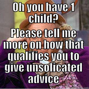 OH YOU HAVE 1 CHILD? PLEASE TELL ME MORE ON HOW THAT QUALIFIES YOU TO GIVE UNSOLICATED ADVICE Condescending Wonka