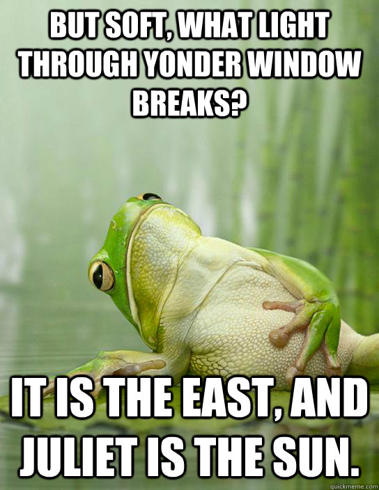 But soft, what light through yonder window breaks? it is the east, and Juliet is the sun. - But soft, what light through yonder window breaks? it is the east, and Juliet is the sun.  Melodramatic Frog
