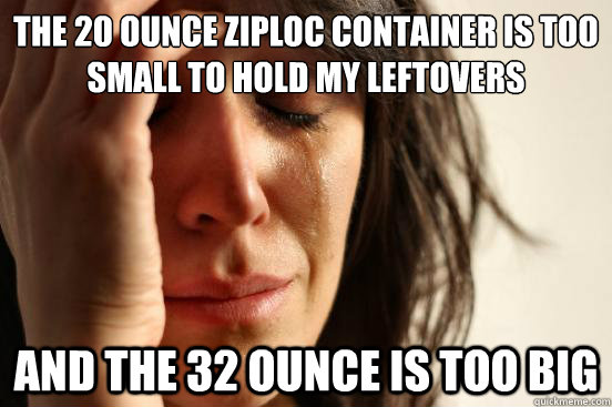 The 20 ounce ziploc container is too small to hold my leftovers and The 32 ounce is too big  First World Problems