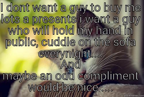 I DONT WANT A GUY TO BUY ME LOTS A PRESENTS I WANT A GUY WHO WILL HOLD MY HAND IN PUBLIC, CUDDLE ON THE SOFA EVERYNIGHT.... AND MAYBE AN ODD COMPLIMENT WOULD BE NICE .... First World Problems Cat