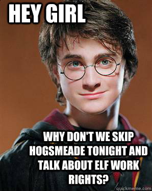 Hey girl Why don't we skip Hogsmeade tonight and talk about elf work rights?  
