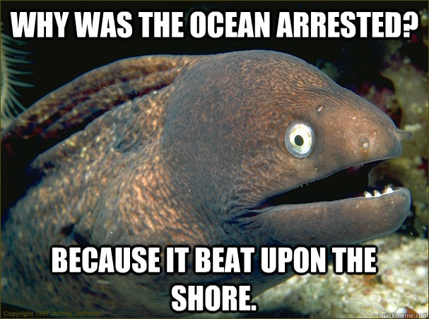Why was the ocean arrested? because it beat upon the shore.  - Why was the ocean arrested? because it beat upon the shore.   Bad Joke Eel
