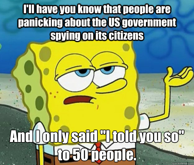 I'll have you know that people are panicking about the US government spying on its citizens And I only said 