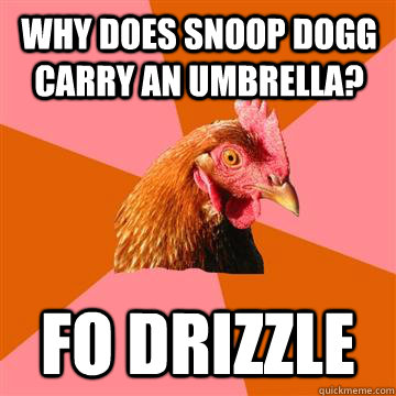 Why does snoop dogg carry an umbrella? Fo drizzle  Anti-Joke Chicken