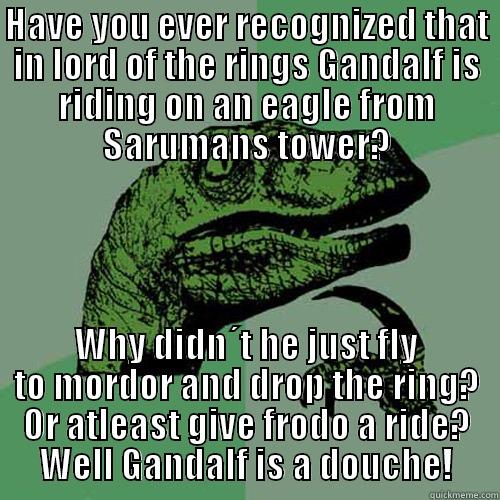 HAVE YOU EVER RECOGNIZED THAT IN LORD OF THE RINGS GANDALF IS RIDING ON AN EAGLE FROM SARUMANS TOWER? WHY DIDN´T HE JUST FLY TO MORDOR AND DROP THE RING? OR ATLEAST GIVE FRODO A RIDE? WELL GANDALF IS A DOUCHE! Philosoraptor