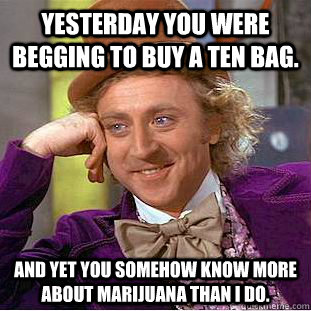 Yesterday you were begging to buy a ten bag. And yet you somehow know more about marijuana than i do.   Creepy Wonka